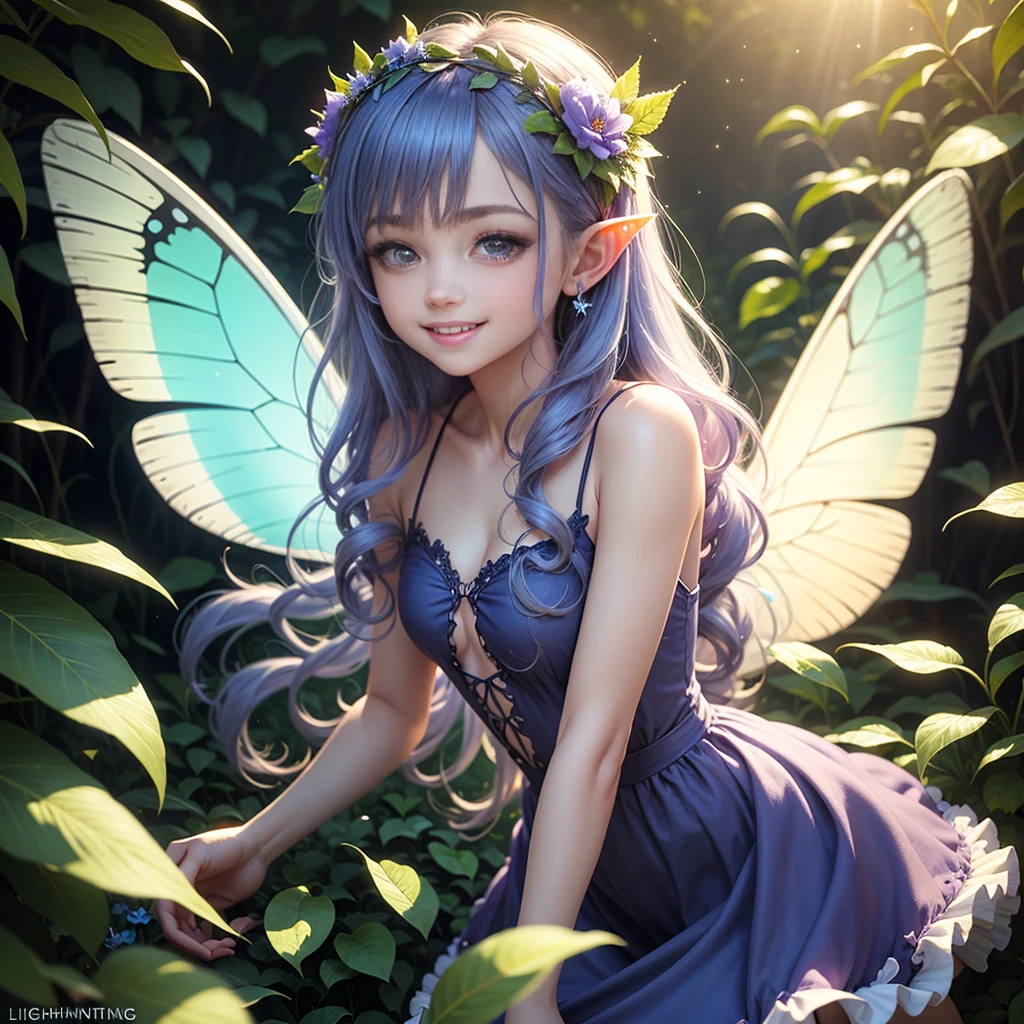 Cute little fairy, long hair, blue-lightpurple sparkling hair, sparkling, pointed ears, sunlight, dress made of leaves, transparent wings, beautiful blue butterfly, big flower, leavesSunshine, sparkling, smiling gently, leaves, flower crown