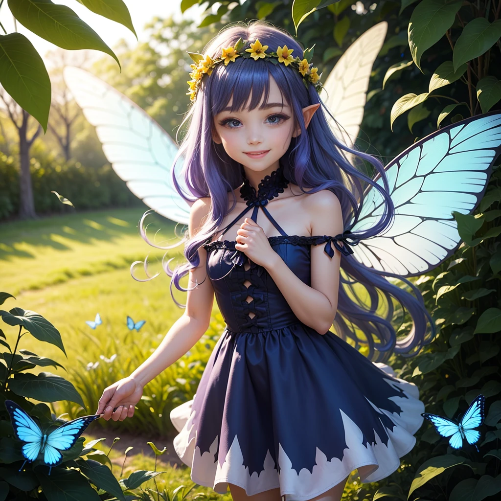 Cute little fairy, long hair, blue-lightpurple sparkling hair, sparkling, pointed ears, sunlight, dress made of leaves, transparent wings, beautiful blue butterfly, big flower, leavesSunshine, sparkling, smiling gently, leaves, flower crown