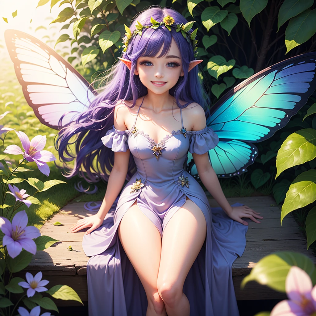 Cute little fairy, long hair, blue-lightpurple sparkling hair, sparkling, pointed ears, sunlight, dress made of leaves, transparent wings, beautiful blue butterfly, big flower, leavesSunshine, sparkling, smiling gently, leaves, flower crown