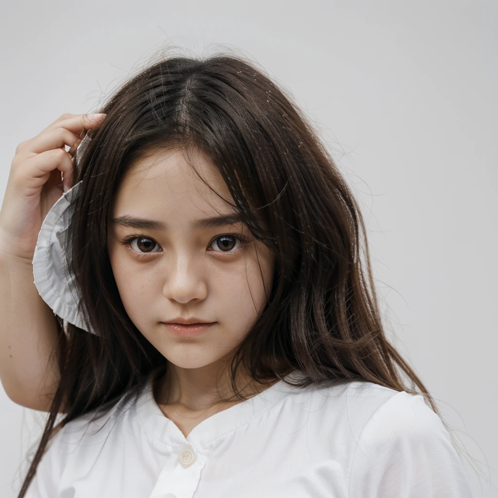 A 13-year-old half Japanese-European girl with a calm sweet beautiful face, no smile, big dark eyes, a high-bridged nose, long smooth hair, plain white background