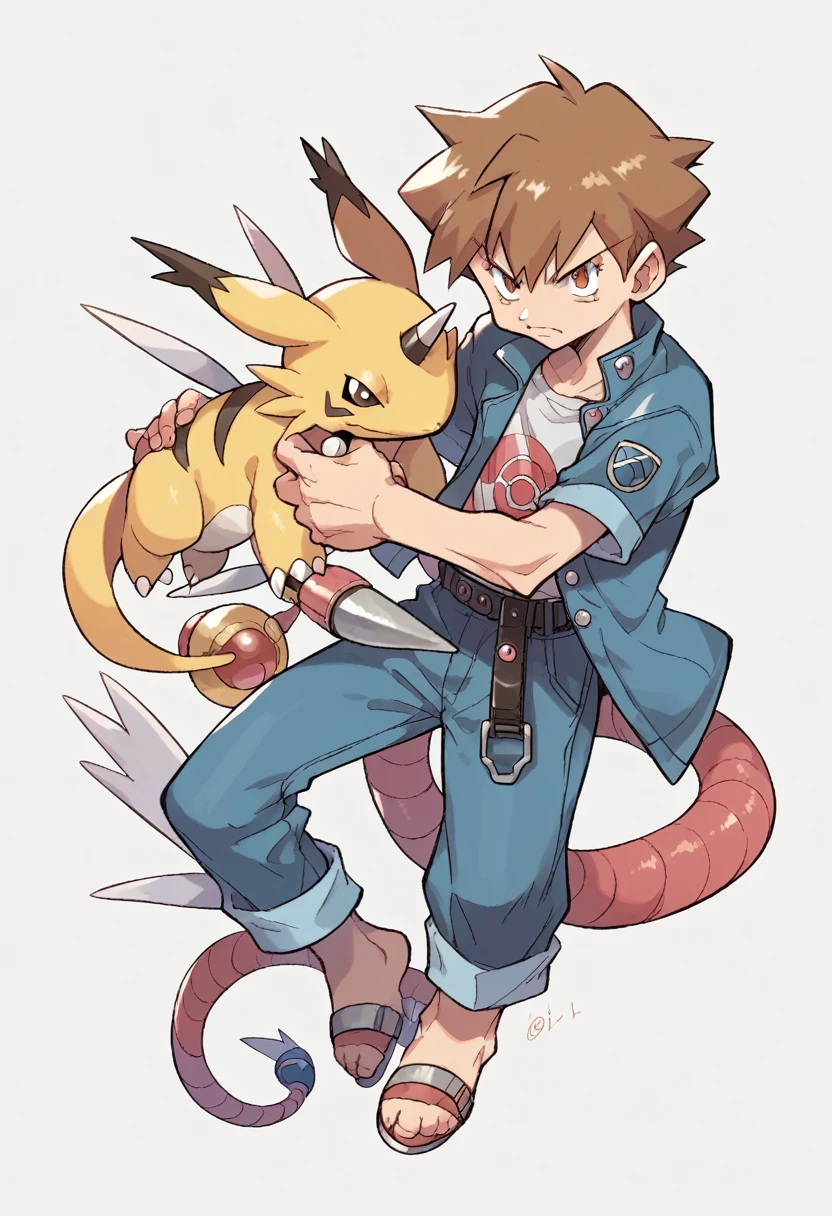 Full body anime video game concept art of boy and girl digimon protagonists wearing goggles on their head and Y2K fashion neo futuristic clothes, dynamic pose, sugimori Pokemon trainer art full color vibrant color