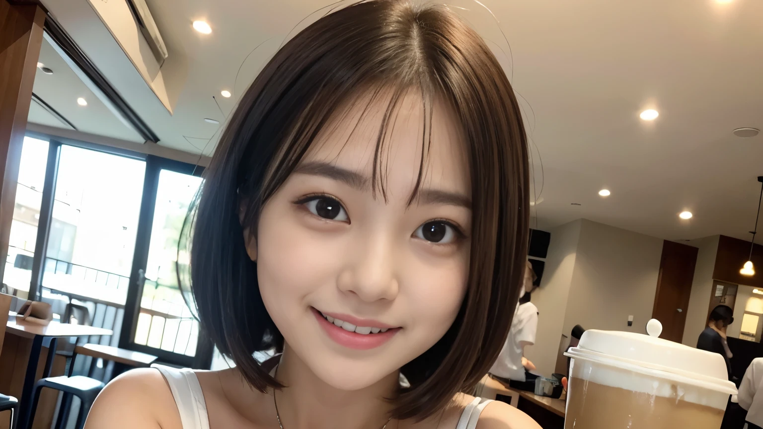 She is a cute college student、Light brown short hair、Silver Eyes、Big eyes、Cute Smile、Photo taken in a cafe