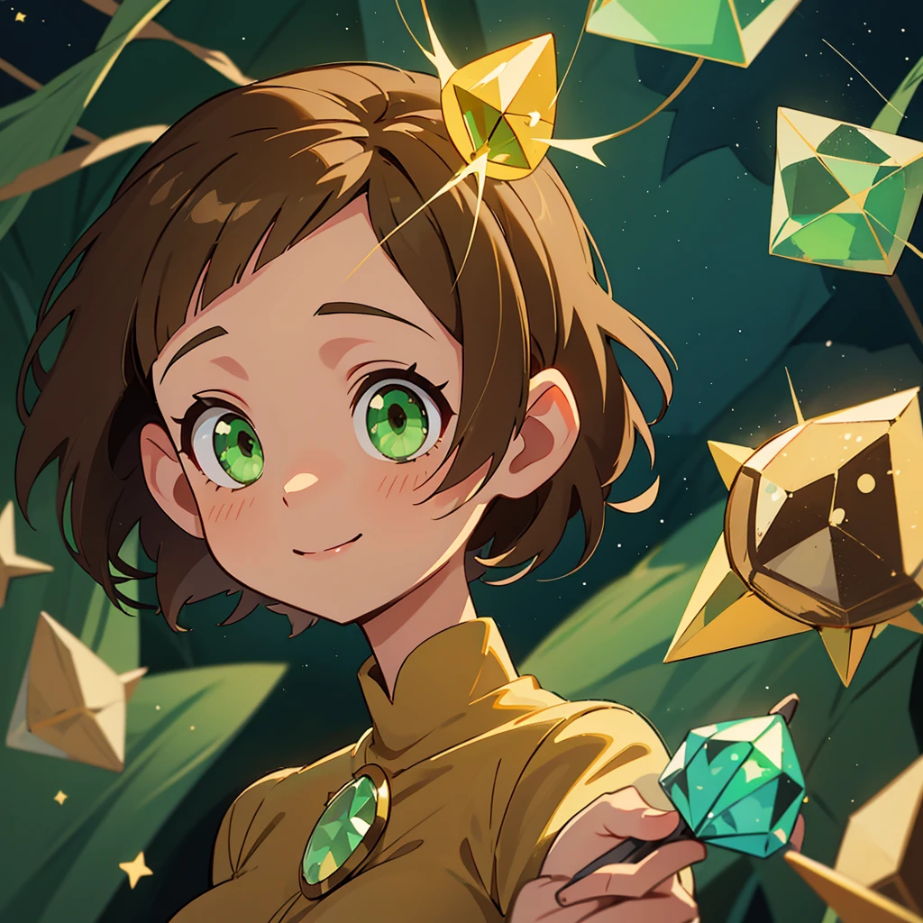 anime woman with short brown hair and green eyes, holding a crystal that fills the rooms with stars and lights and looking up, surprised, happy, smile