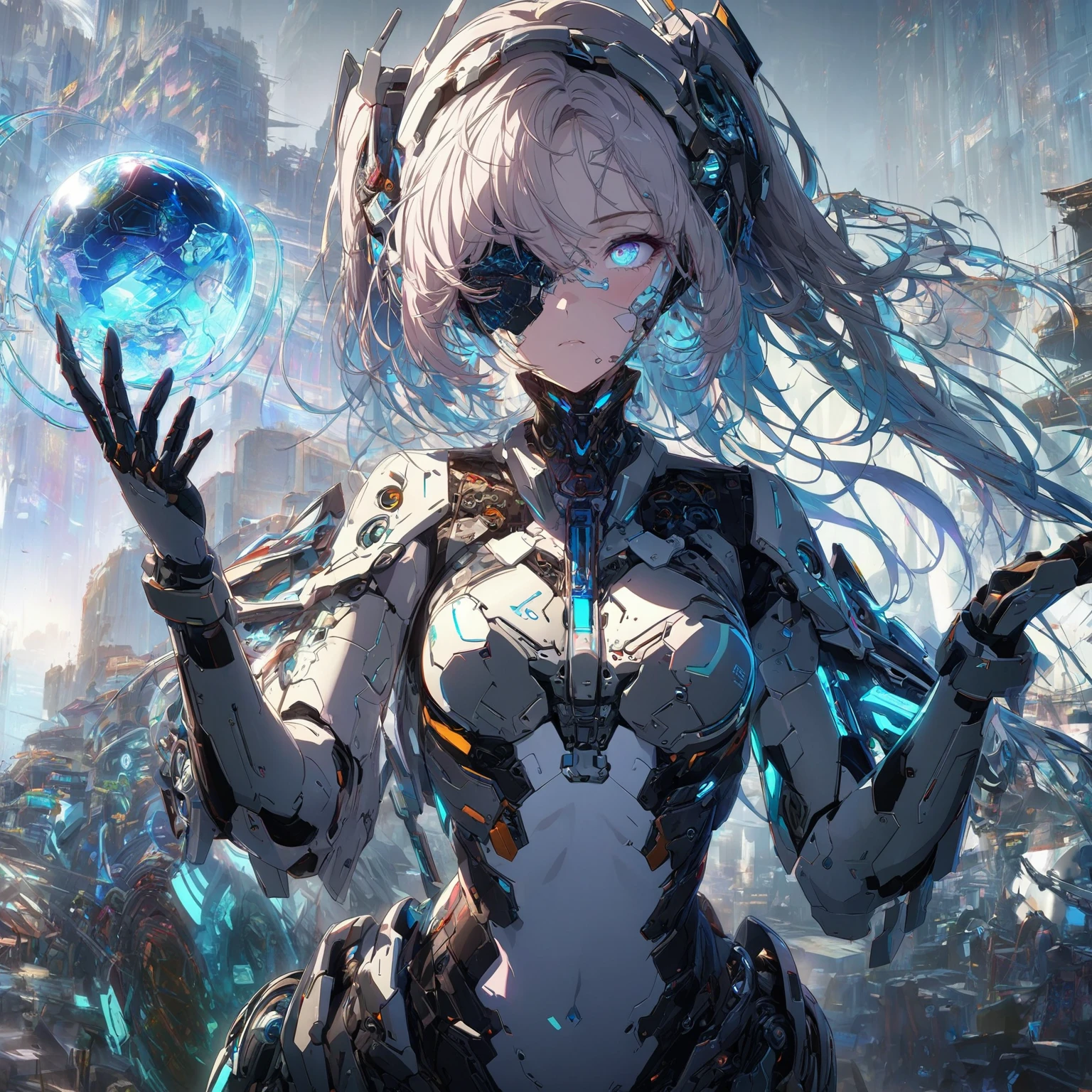 A female that have short, light-colored hair and are wearing an advanced suit of armor with intricate designs and glowing elements. One eye is visible while the other is covered by a dark patch, she has mechanical parts integrated into her body, (nude:0.9), especially on the arms and torso. . A spherical object emitting blue light, elements of cyberpunk, and sci-fi fashion, mechanical details, futuristic outfit, high-tech fashion, detailed gorgeous face| anime style| key visual| intricate detail| highly detailed| breathtaking| vibrant| panoramic| cinematic| Carne Griffiths| Conrad Roset| gibbli 8k