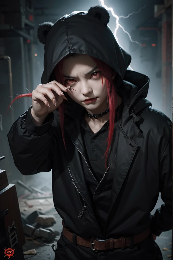 panda, muscled body, angry, Sharp teeth and claws, red eyes coming out lightning, dark aspects, grim reaper, high qualiy, horror details