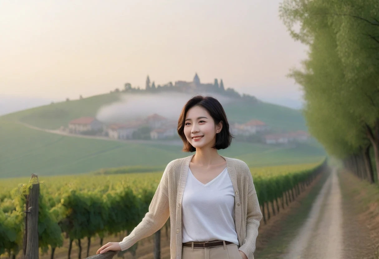 8k best picture quality, Beautiful 36-year-old Korean woman, Chest size 34 inches, Dawn in the northern Italian countryside, View of the cathedral next to the vineyards, The back background is realistic and vivid quality., short medium hair, White shirt and beige cardigan, Wear casual pants, Smile slightly. the background is clear, look up to the side., Looking at vineyards covered in thick fog from a tree-lined hill road