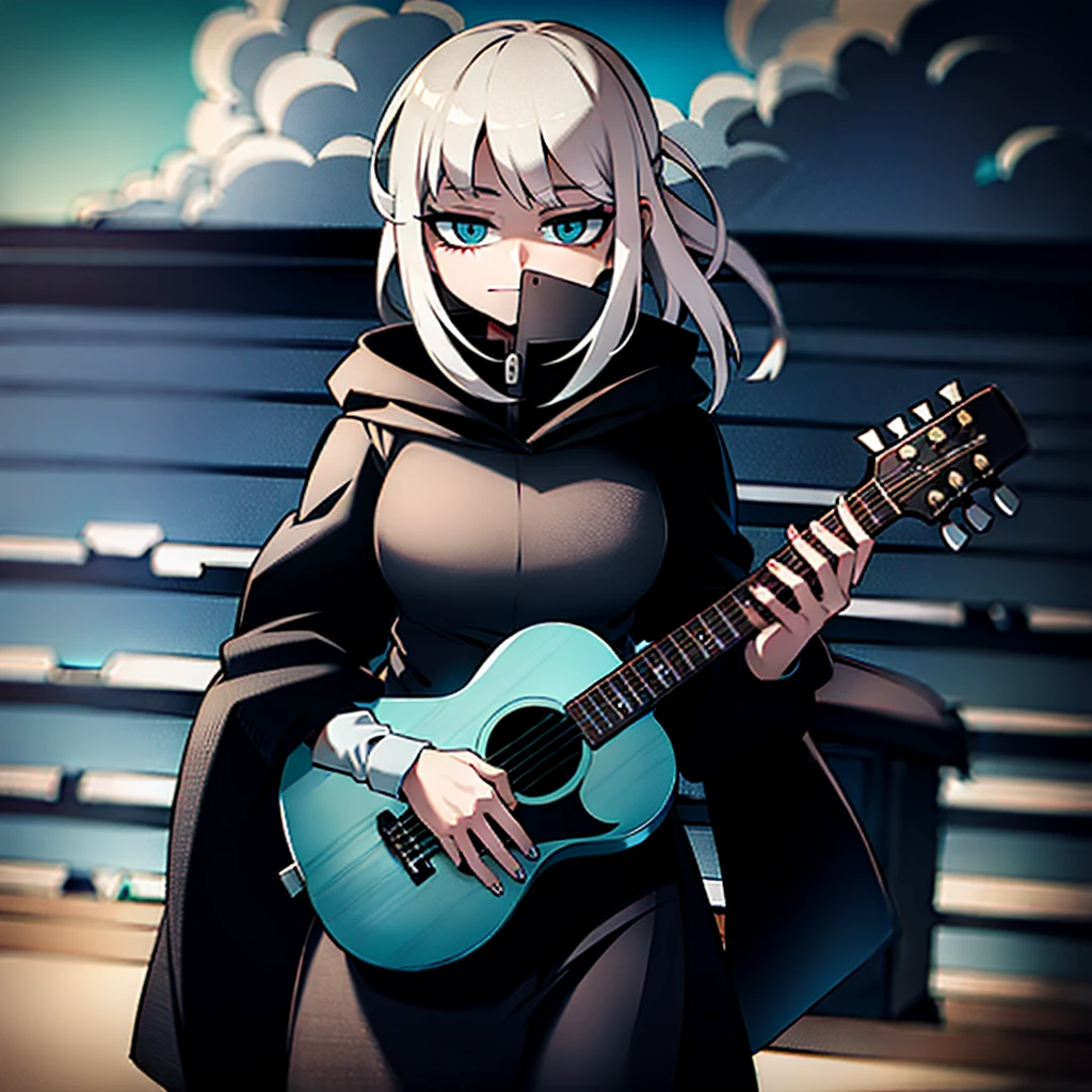 dusk,White hair girl,Wearing a black shirt,The hood covered her face,One hand holding a guitar,Facing the sea。