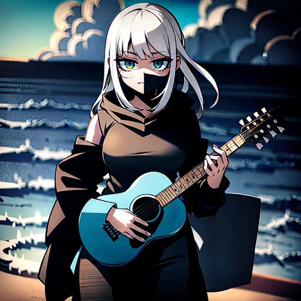 dusk,White hair girl,Wearing a black shirt,The hood covered her face,One hand holding a guitar,Facing the sea。