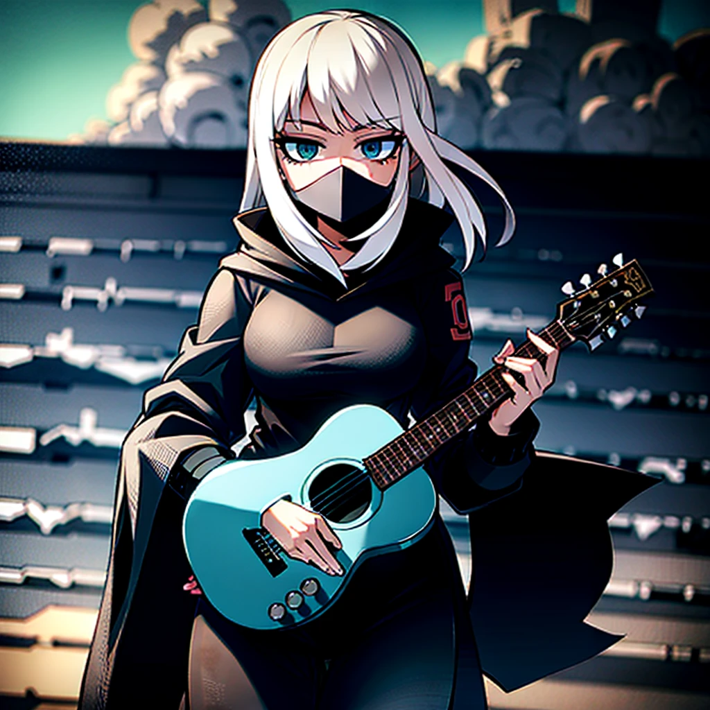 dusk，White hair girl，Wearing a black shirt，The hood covered her face，One hand holding a guitar，Facing the sea。