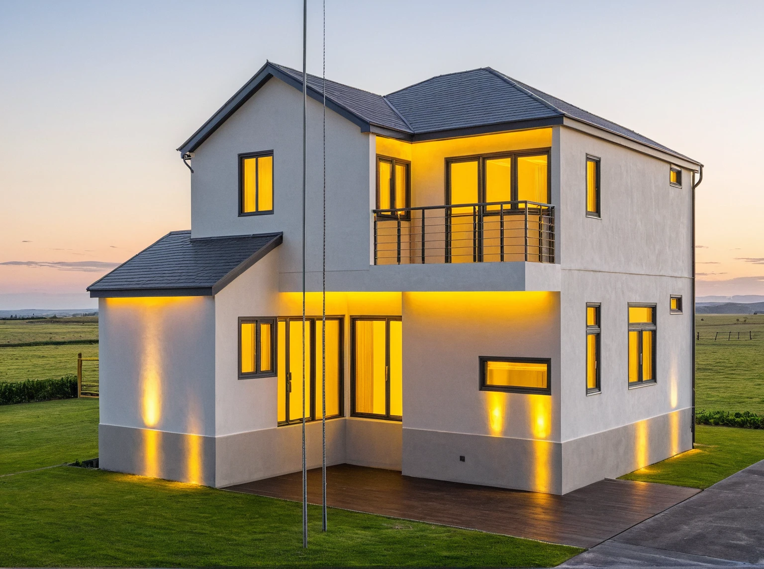 head of'artwork, high quality, best quality, Authentique, Great detail, En plein air, villa de plain-piedXL, groupe aiai, style de maison moderne dans la rue ,stairs, white wall ,road,pavement, grass, trees, sky, nuvens, (day light:1.1)