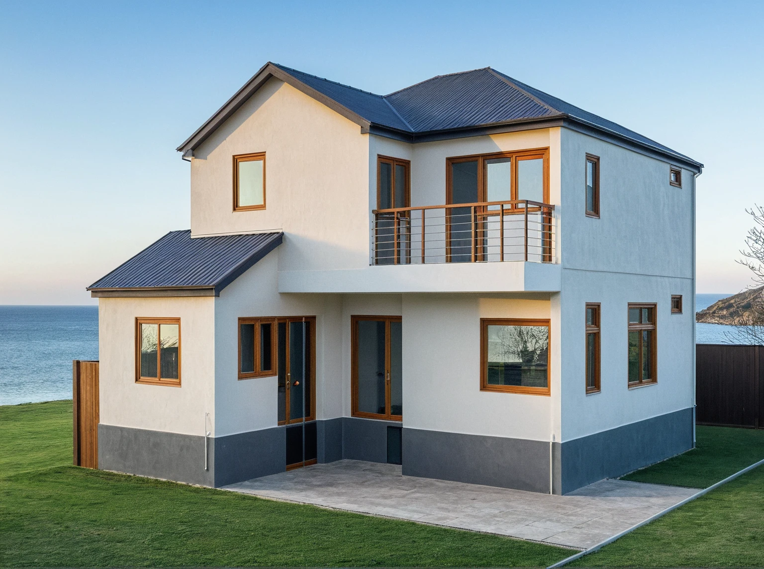 head of'artwork, high quality, best quality, Authentique, Great detail, En plein air, villa de plain-piedXL, groupe aiai, style de maison moderne dans la rue ,stairs, white wall ,road,pavement, grass, trees, sky, nuvens, (day light:1.1)