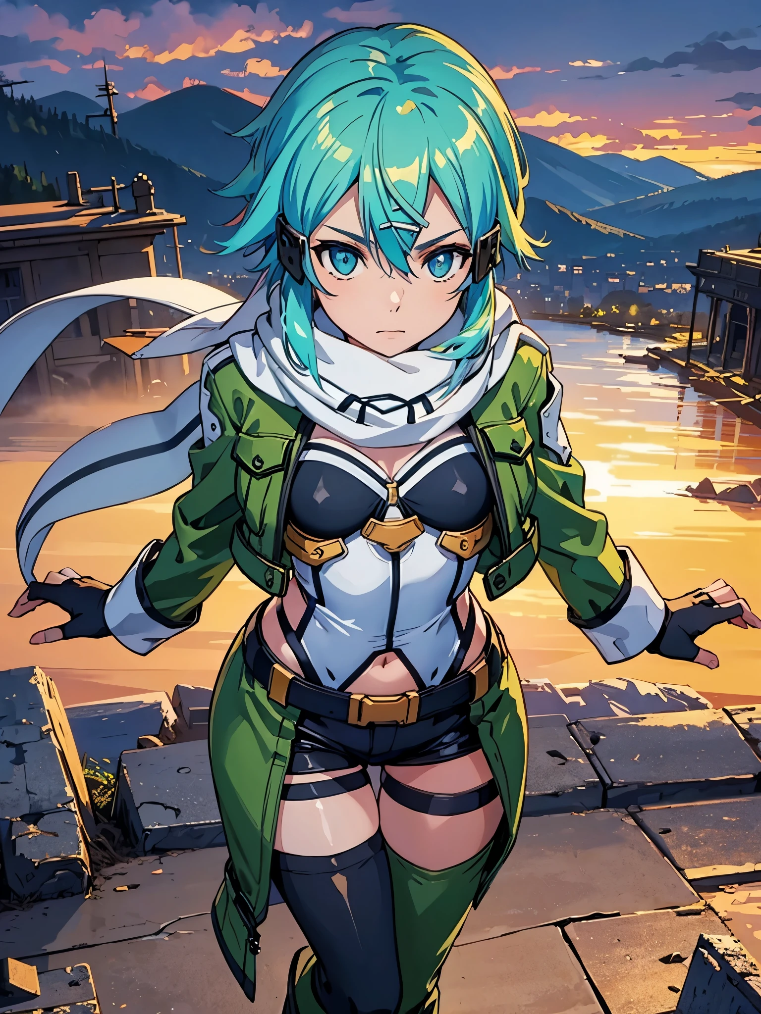 (masterpiece), best quality, expressive eyes, perfect face, highres, sinon1, scarf, fingerless gloves, long sleeves, short shorts,groin, hair ornament, hairclip, green thighhighs, green jacket,covered_nipples, thigh strap, field, sunset_ruins_landscape_background, ruined structures, dynamic_posing, looking at the viewer, (from above:1.2),covered_navel,