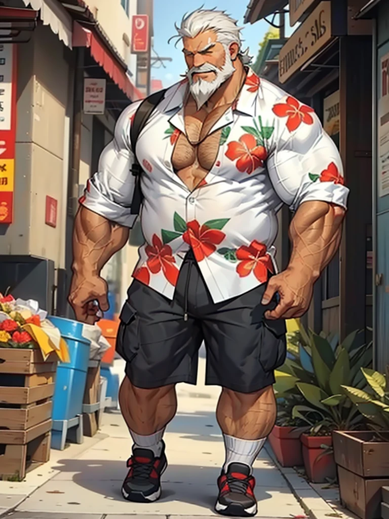 chubby old man in street city, old man, thick arm, huge arm, bearded. white hair and beard, bearded, muscular, pectoral, wide pectoral, realistic, 8k, masterpiece, (wearing shorts and white hawaiian shirt:1.3, shoes)