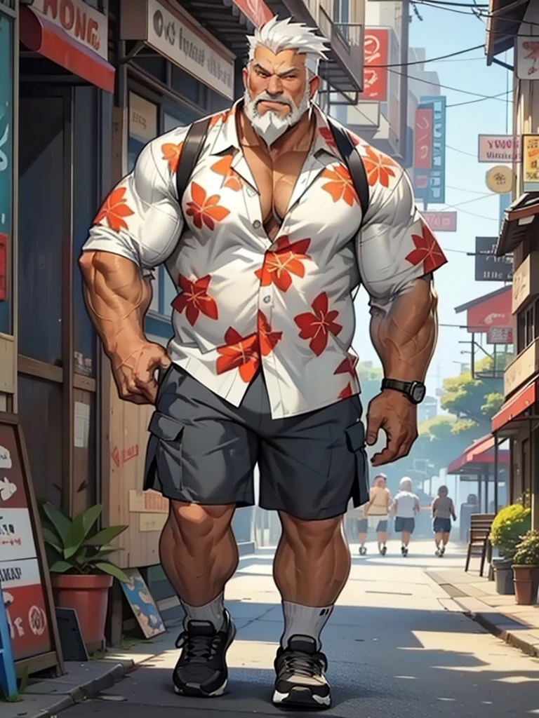 chubby old man in street city, old man, thick arm, huge arm, bearded. white hair and beard, bearded, muscular, pectoral, wide pectoral, realistic, 8k, masterpiece, (wearing shorts and white hawaiian shirt:1.3, shoes)