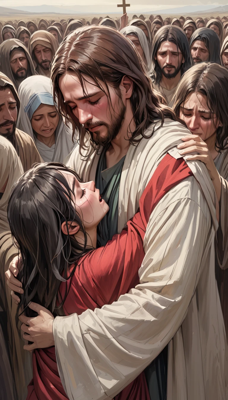 painting of jesus carrying one in his arms, jesus hugging a woman, ele tem um tesouro com ele, beautiful representation, por Scott Gustafson, beautiful image already created, por Antonio Ciseri, Christian art, epic biblical representation, por Kurt Roesch, forcing him to flee, jesus, breathtaking art, bible illustration, Jesus Cristo