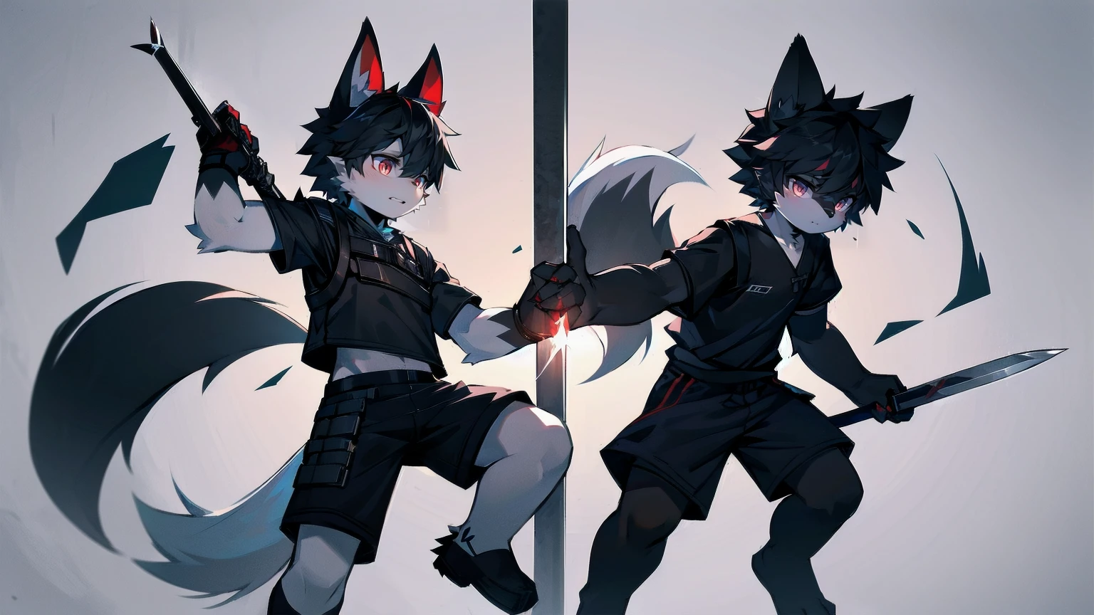 White Wolf，black hair，Red eyes，Wolf ears，Wolf Tail，juvenile，male，hairy，Hair，Half body armor，Combat uniform，Silver and black clothing，Handsome，Handsome，shorts，The forearm is exposed，leg，Fighting Stance，Duel，Two people，Anxious，Armed with a sword，Simple background，Swords