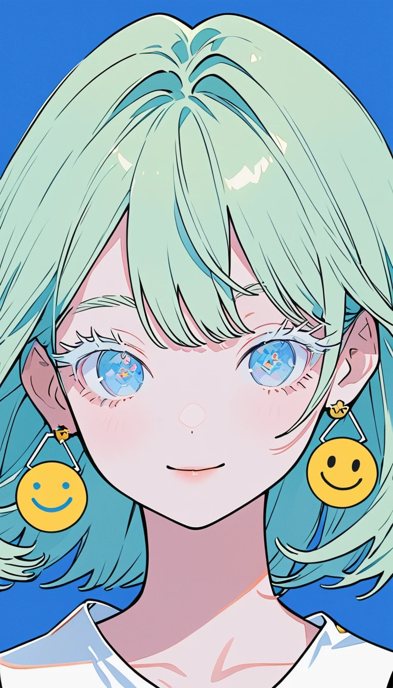 The Minimalists,Fashion Girl,Blue Background,Green Hair,Wearing special earrings,Clear eyelashes,Bright blue eyes,Clean and transparent eyes,closure,Smiley face flat illustration,geometry,Clean