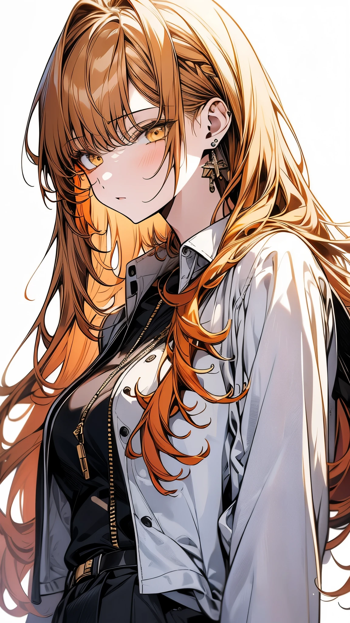 (Top resolution、Distinct_image)top-quality、(A girl) 、​masterpiece、highly detailed, half body, Semi-realistic、 ( yellow eyes ) 、18year old,
 ( orange hair ) ,young , (yellow inside), Facial features ,variation potrait, long  hair  , teenage, cool , cold sharp eyes, , {Very detailed 8k CG unit wallpaper}, students, (white oversized  shirt ) ,music club background, Handsome,cool musician 