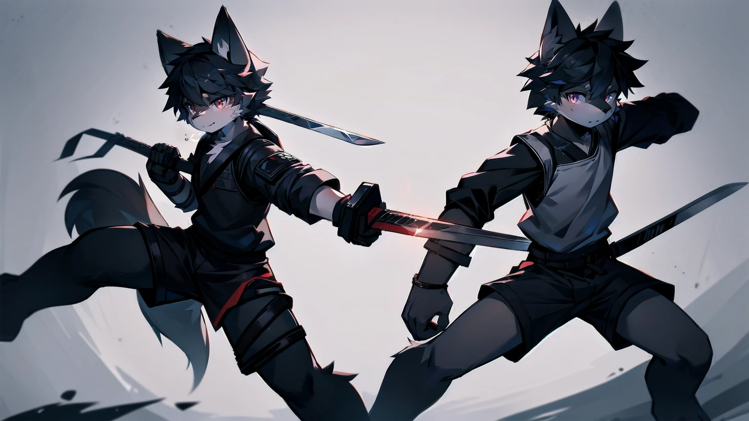 White Wolf，black hair，Red eyes，Wolf ears，Wolf Tail，juvenile，male，hairy，Hair，Half body armor，Combat uniform，Silver and black clothing，Handsome，Handsome，shorts，The forearm is exposed，leg，Fighting Stance，Duel，Two people，Anxious，Armed with a sword，Simple background，Swords