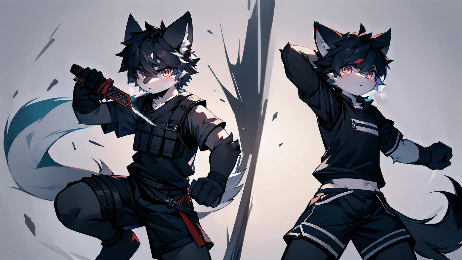 White Wolf,black hair,Red eyes,Wolf ears,Wolf Tail,juvenile,male,hairy,Hair,Half body armor,Combat uniform,Silver and black clothing,Handsome,Handsome,shorts,The forearm is exposed,leg,Fighting Stance,Duel,Two people,Anxious,Armed with a sword,Simple background,Swords