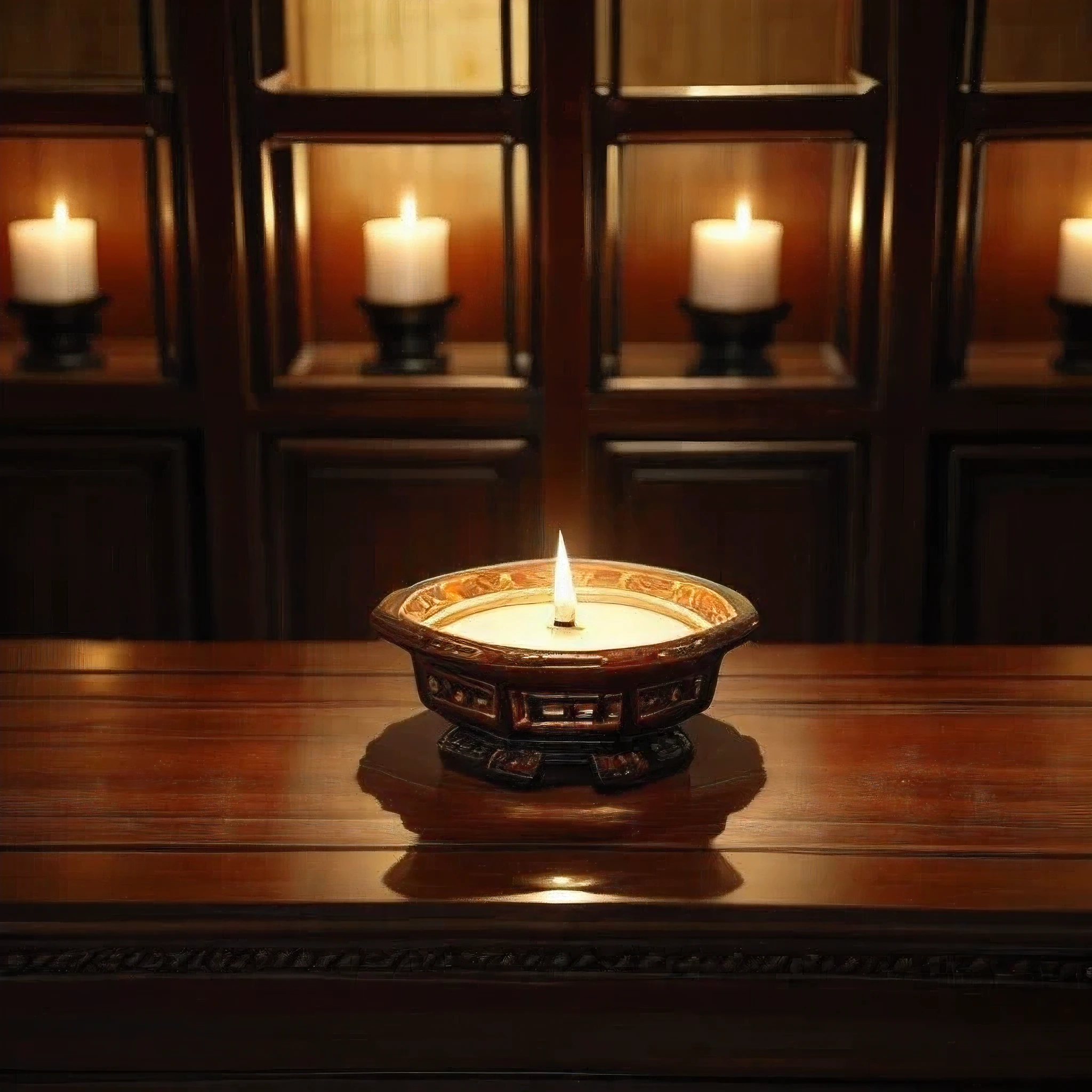 ((best quality)), ((masterpiece)), (detailed), a Chinese style talbe in a Chinese style room with candle on, light, Tang dynasty
