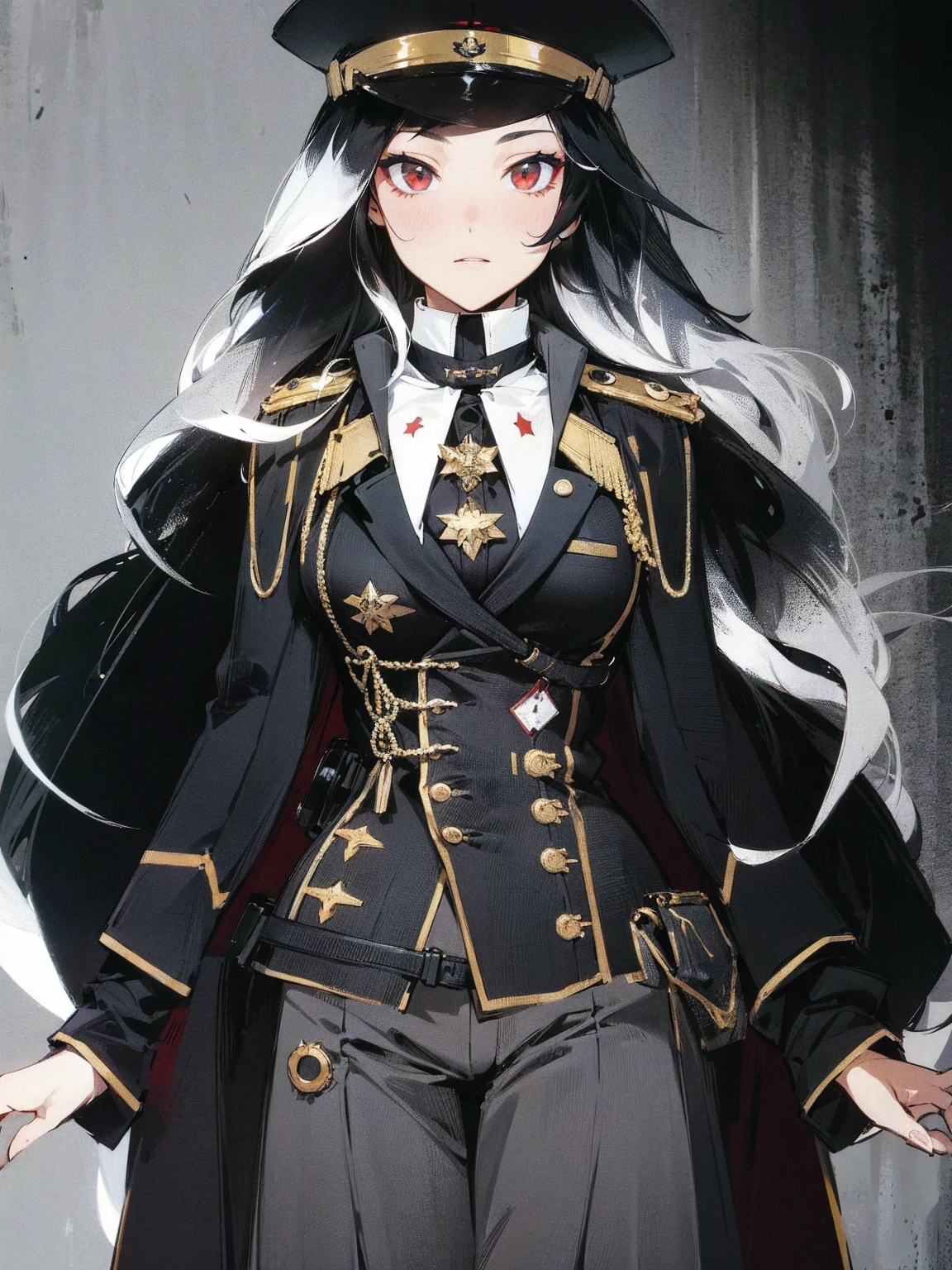 She is a military general, her hair is black and white, it is mix with curly and straight hair, add in some red streaks.