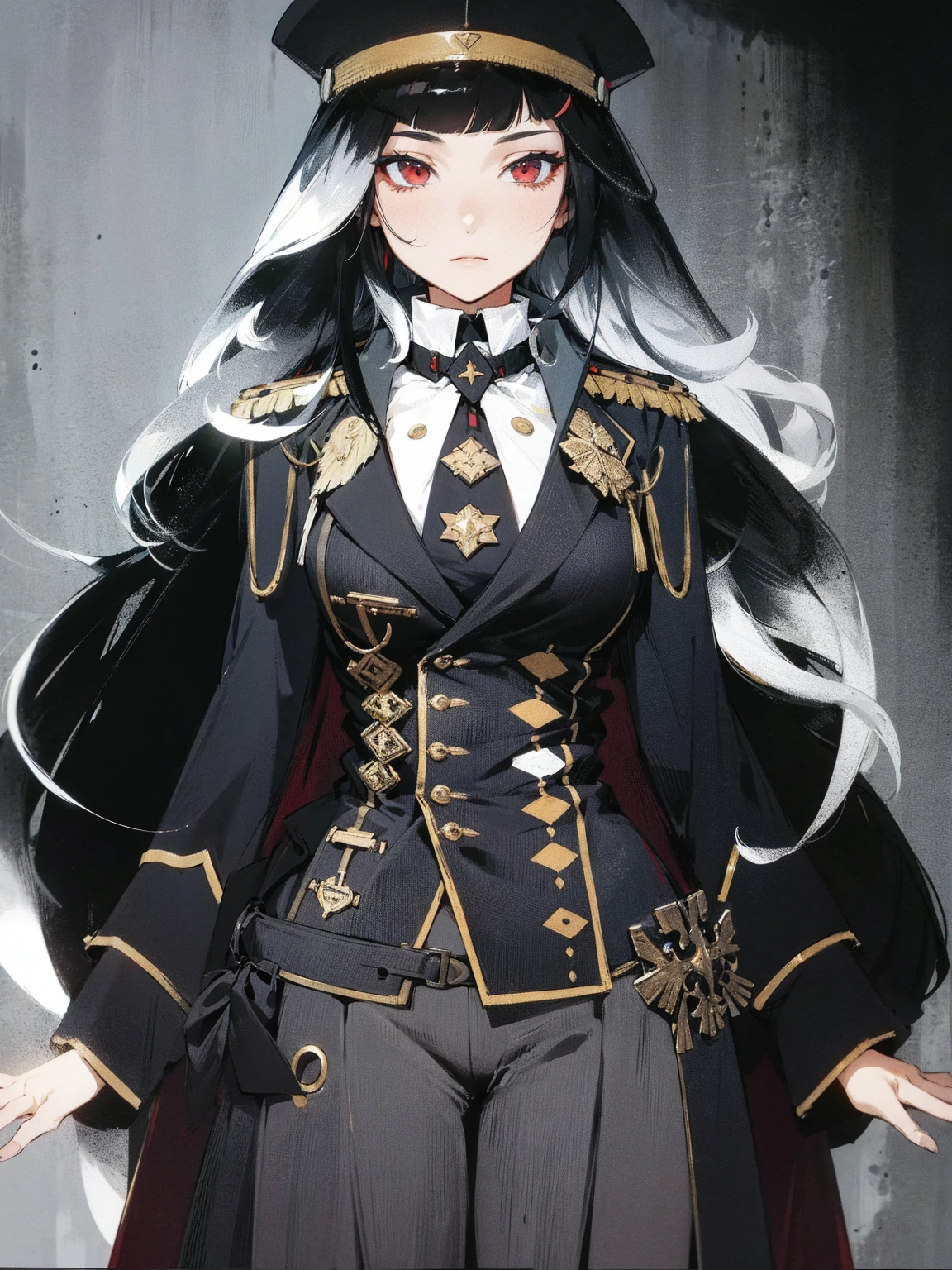 She is a military general, her hair is black and white, it is mix with curly and straight hair, add in some red streaks.