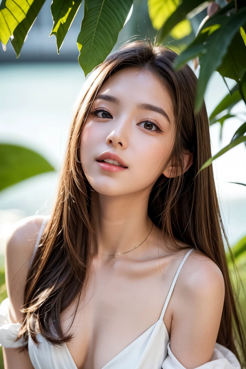 long brown-colored hair, beautiful white-colored skin, a little sunburned, wearing white dress opened at the chest little, glimpse of beautiful legs through the slit, decorated with many flowers, slendar figure, small mouth, smiling and opening mouth a little, shaped nose, deep dimples, smooth shaped jawline, a little bit heavy makeup, slightly slanted eyes expression, glossy face, close-up shoot, angle looking up from belows