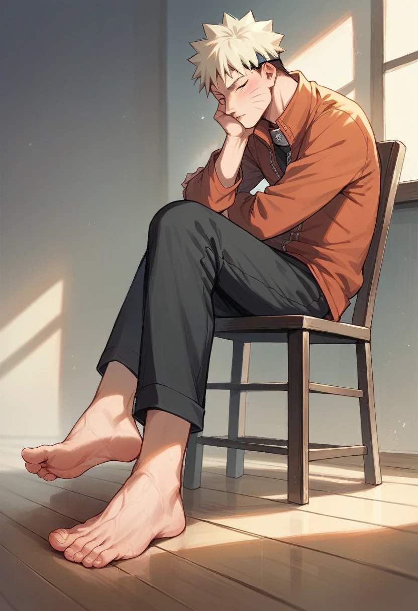 Anime boy Naruto feet scrunching his feet on the floor as he sits on chair