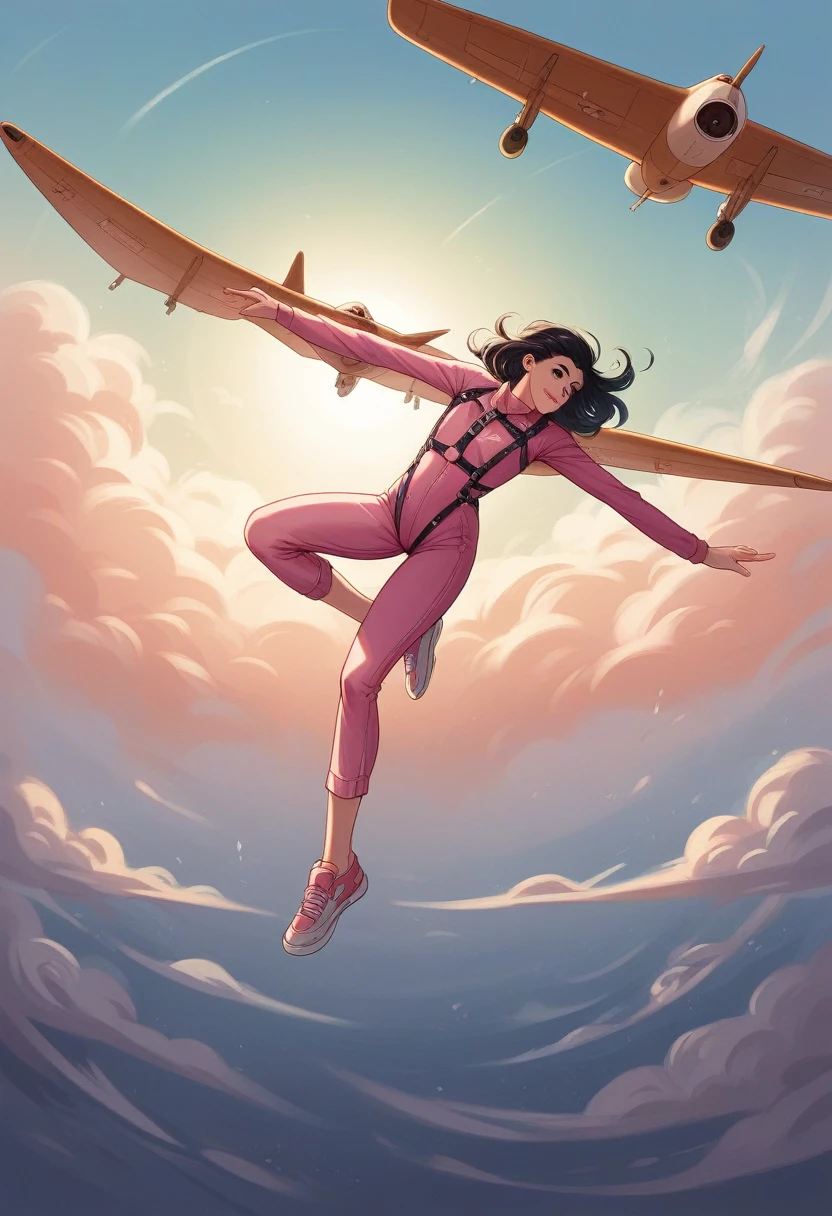 Jump skydiving on the plane with nice smile, black eyes, beautiful girl parachuting with long black hair flying in a mess, pink uniform, harness, flowing pink miniskirt, in a panoramic view, anatomically correct, above knee portrait photo, very realistic, material reflective and dispersive. Dispersion of light and sunlight, and clouds high detail, perfect anatomy, high quality uhd 8k