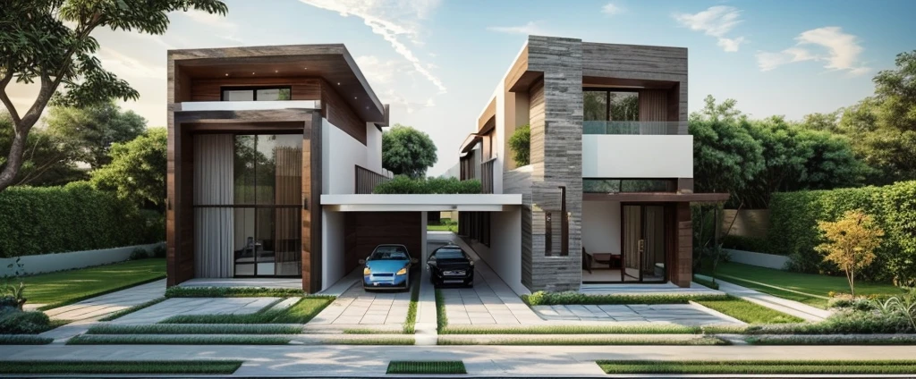 (((best quality, masterpiece))), (surreal, optical:1.2), high quality, (daylight:1.2), perfect lighting,(residential) modern house modern, main material ((wood: gray stone:0,4)), villa, modern gray house, modern, dynamic light, super light, ((light emitted from inside the house: 1.1)) , ((clear blue sky:1.3)), ((garden lights)), rock, peaceful, romantic , ((haze)), tường đồng bộ màu trắng