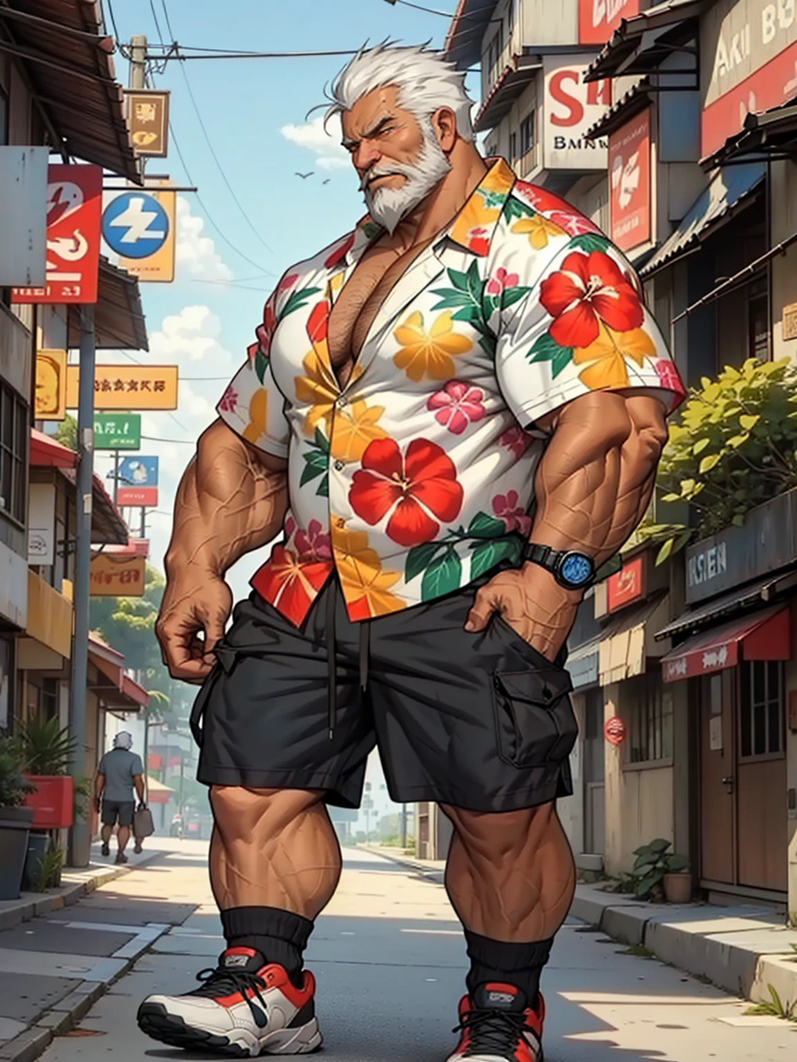 chubby old man in street city, old man, thick arm, huge arm, bearded. white hair and beard, bearded, muscular, pectoral, wide pectoral, realistic, 8k, masterpiece, (wearing shorts and hawaiian shirt:1.3, shoes)