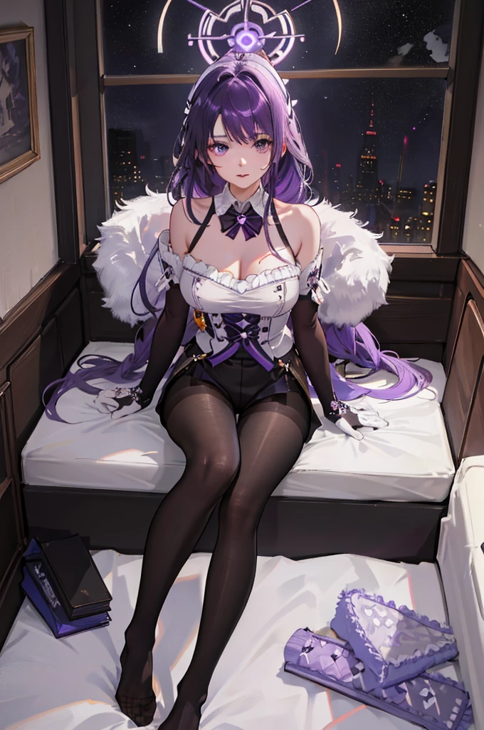 (((1 girl)),ray tracing,(dim lighting),[detailed background (bedroom)),((purple hair)),((purple hair)),(Fluffy purple hair, plump slender girl)) with high ponytail)))) Avoid blonde eyes in the ominous bedroom ((((Girl wears intricately embroidered black high-waisted pants with pantyhose) and white ruffled bow gloves), showing a delicate slim figure and graceful curves, correct limbs, sitting on the bed