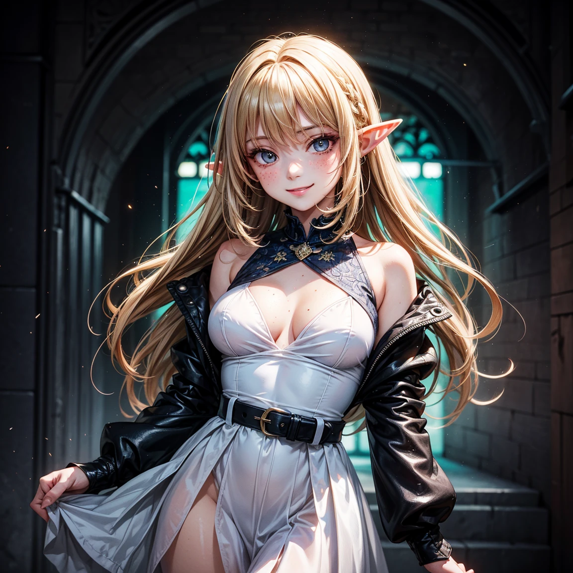 (High Detail:1.2) Anime Girl, (Best quality, Detailed), (dark, smile, gravelly:1.3, dark:1.2), 1girl, (solo), elf, long pointed ears, long bushy hair, light gold hair, dark blue eyes, freckle, white skin, sinister, intense look, background dark, Volumetric light, hyper realistic, super detailed, Dynamic pose, (medium breasts), white dress, body view, town.