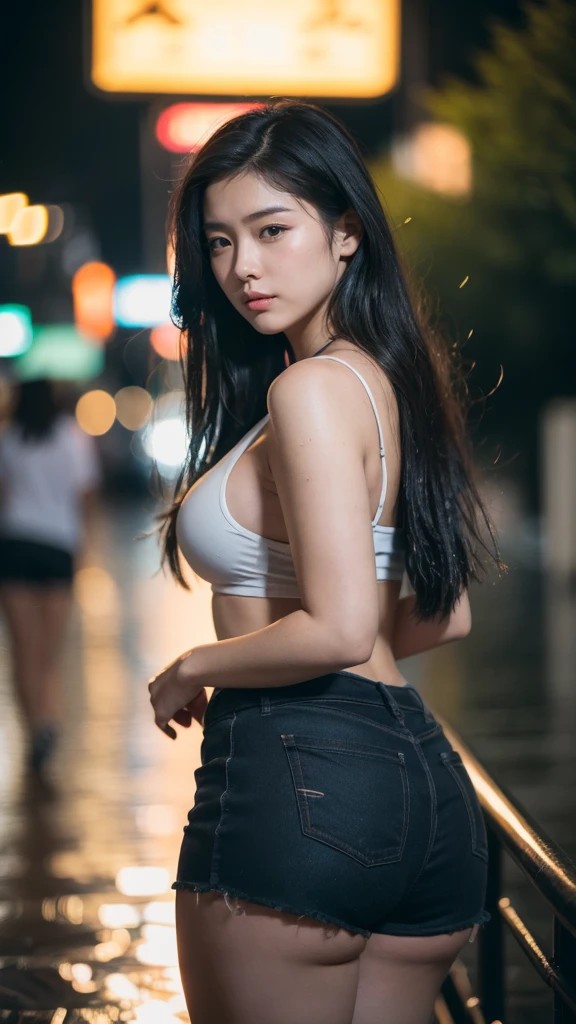 1girl,solo,long hair,Rough skin,(looking at viewer:1.2),wet hair,micro_shorts,dark,polaroid,(depth_of_field:1.5),rainy days,outdoors,street,hair between eyes,moody lighting,Tyndall effect,Cinematic Lighting,night,lamppost,lens flare,available light,rim light,glowing neon lights,curvy,chinese_style,