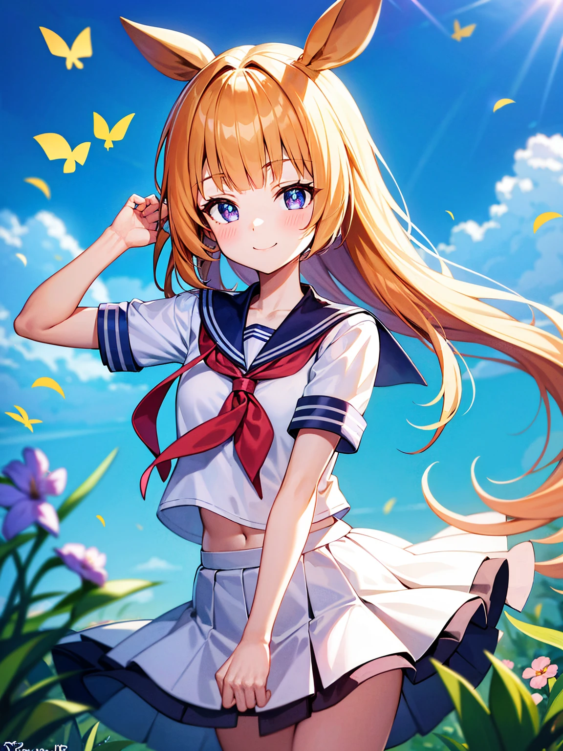 (( best quality, masterpiece, 4k, 8k, 16k, absurdrity,)), Ultra-Wide Angle, anime style, ray tracing, BREAK "1girl, smile, blunt bangs, drooping eyebrows, detailed eyes:1.1", meadow, flying flowers, smile, heart-shaped pupils, white serafuku, blue sailor collar, red neckerchief, long white shirt, hemline trim, flowing pleated skirt, lace-trimmed skirt, BREAK looking_at_viewer, (cross arms:1.2), blush, BREAK (facing shot:1.2), ultrahires, sunrise backlighting, cloudy, purple and blue gradient sky, butterflies, award winning, vibrant colors, flowers flying, bloom