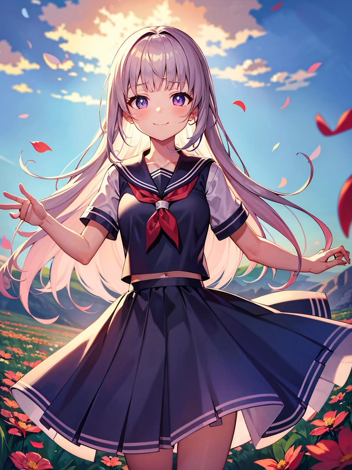 (( best quality, masterpiece, 4k, 8k, 16k, absurdrity,)), Ultra-Wide Angle, anime style, ray tracing, BREAK "1girl, smile, blunt bangs, drooping eyebrows, detailed eyes:1.1", meadow, flying flowers, smile, heart-shaped pupils, white serafuku, blue sailor collar, red neckerchief, long white shirt, hemline trim, flowing pleated skirt, lace-trimmed skirt, BREAK looking_at_viewer, (cross arms:1.2), blush, BREAK (facing shot:1.2), ultrahires, sunrise backlighting, cloudy, purple and blue gradient sky, butterflies, award winning, vibrant colors, flowers flying, bloom