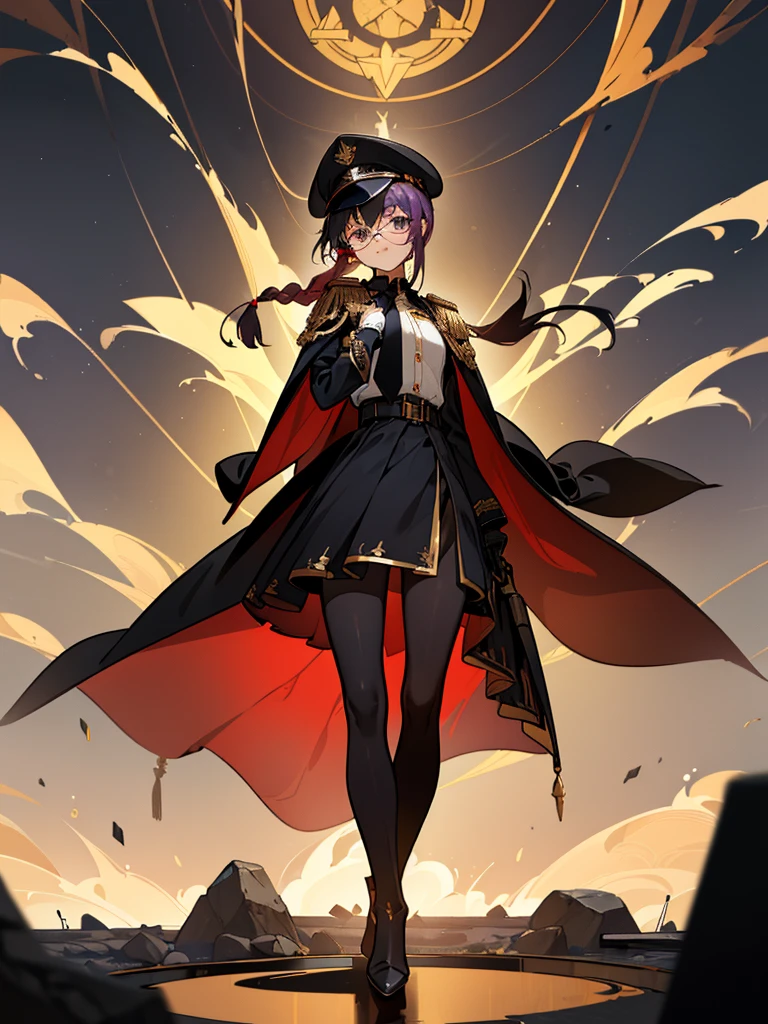 realisitic, City Deserted, Pile of rubble, Brick building, a one woman (18 years old, far away blackw hair, far away slits, Eyes red, glare eyes, 精致的面容, standing (In floor, feet shoulder-width apart), Lolita style military uniform (blackw base, Red Insert, golden decoration, volantes, wide sleeves, dainty and delicate detailing armors), blackw far away gloves (blackw, Red Insert, golden decoration, small hands, armors), blackw far away gloves, knee high boots (blackw, high-heels, red soles), ha (blackw, aba dourada, shield emblem, delicate details), arms in front, Front of belly, Holding military swords with both hands (blackw, golden decoration, delicate detail, Handle at the top, Ground-facing blade, in front of the body, far away), night sky (blackw, stele, Increased flames and smoke) Pale painting style, One Girl, super high quality, Super Detail, Super Detailed image, long hair, looking at viewer, skirt, shirt, hair ornament, violet eyes, gloves, round glasses, long sleeves, hat, closed mouth, jacket, violet hair, braid, open clothes, necktie, black gloves, black skirt, uniform, single braid, open jacket, black jacket, black headwear, 手链, Peaked cap, black necktie, cropped jacket, military hat, pantyhose, Flat Chest, smile, Black Cape