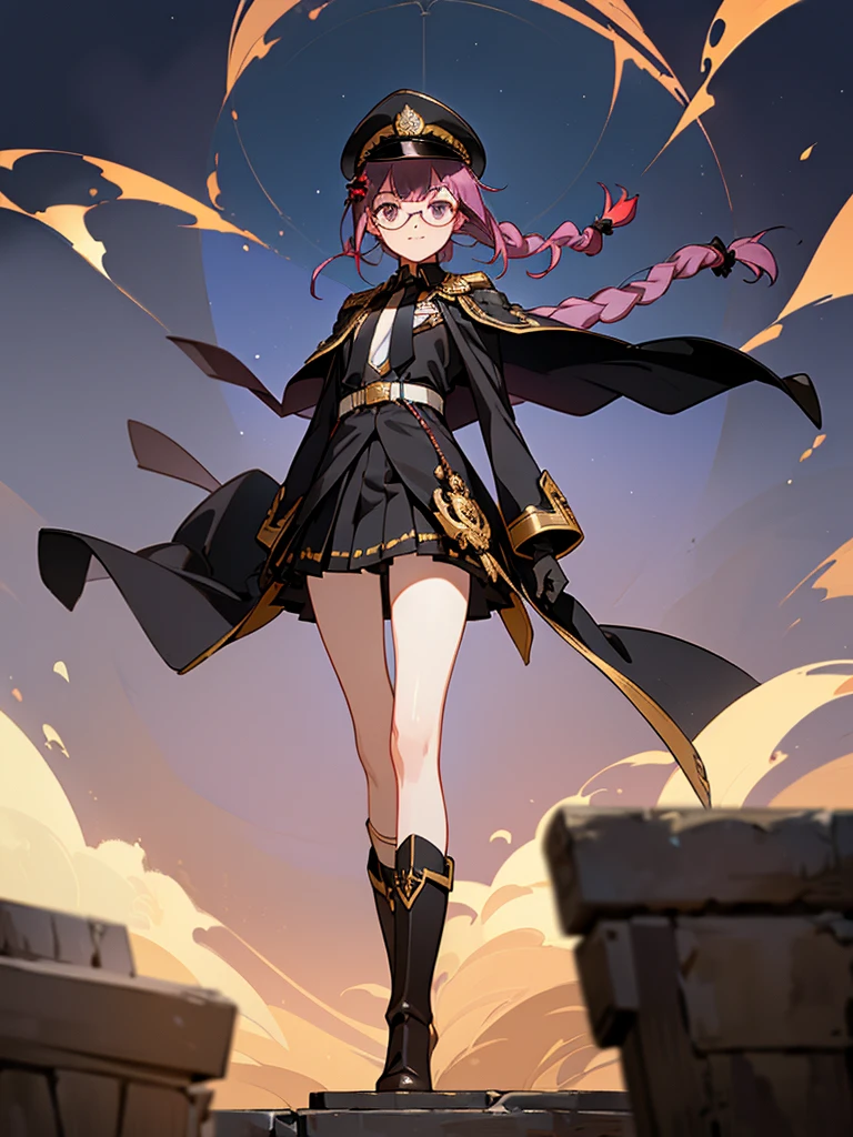 realisitic, City Deserted, Pile of rubble, Brick building, a one woman (18 years old, far away blackw hair, far away slits, Eyes red, glare eyes, 精致的面容, standing (In floor, feet shoulder-width apart), Lolita style military uniform (blackw base, Red Insert, golden decoration, volantes, wide sleeves, dainty and delicate detailing armors), blackw far away gloves (blackw, Red Insert, golden decoration, small hands, armors), blackw far away gloves, knee high boots (blackw, high-heels, red soles), ha (blackw, aba dourada, shield emblem, delicate details), arms in front, Front of belly, Holding military swords with both hands (blackw, golden decoration, delicate detail, Handle at the top, Ground-facing blade, in front of the body, far away), night sky (blackw, stele, Increased flames and smoke) Pale painting style, One Girl, super high quality, Super Detail, Super Detailed image, long hair, looking at viewer, skirt, shirt, hair ornament, violet eyes, gloves, round glasses, long sleeves, hat, closed mouth, jacket, violet hair, braid, open clothes, necktie, black gloves, black skirt, uniform, single braid, open jacket, black jacket, black headwear, 手链, Peaked cap, black necktie, cropped jacket, military hat, pantyhose, Flat Chest, smile, Black Cape