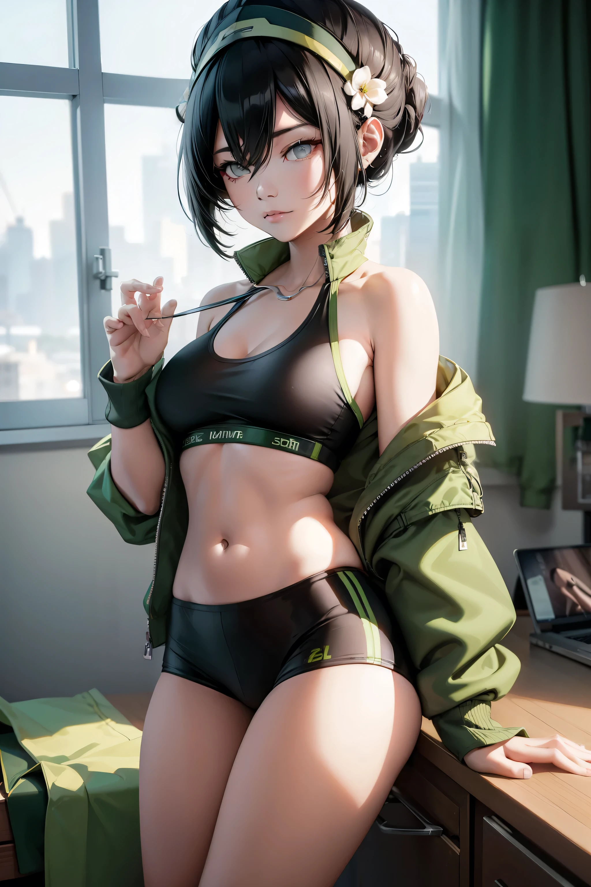 Ultra-detailed,  toph beifong,  adult  , green jacket open , white sport bra , black sexy dolphin shorts  , medium breasts  , gym style 