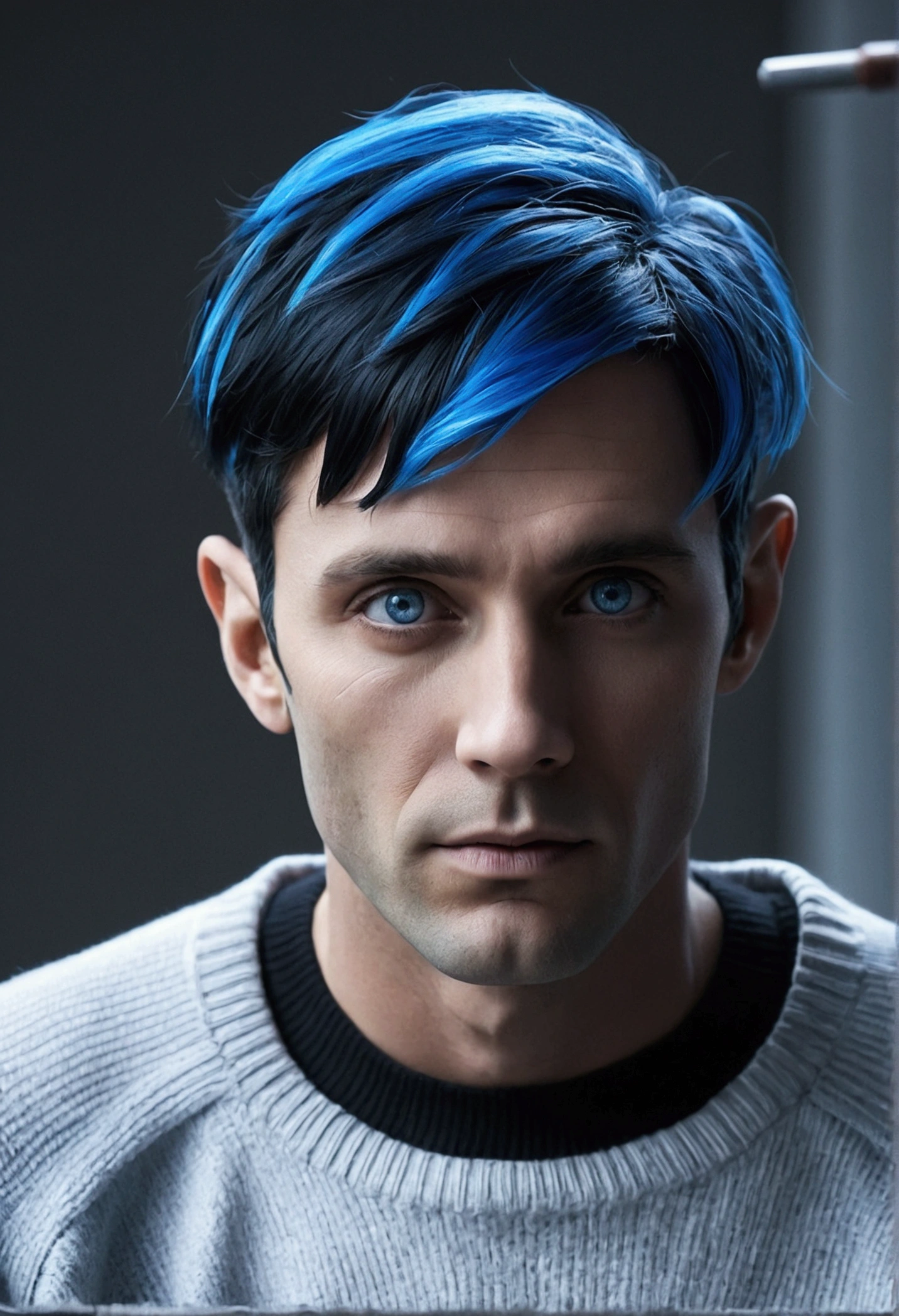 man neon navy hair, Solemn expression, In a black and white sweater, gray skin, neon blue eyes, antenna, alien, talk to oneself