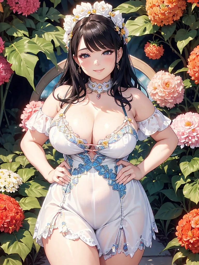 A beautiful and hot almost chubby mature woman.who is wearing a patterned short dress and is and standing in the resort. A smiling face、Sexy woman、A radiant smile、adorable、race、Frills、Colorful design、Full-length mirror、An inviting gaze、Gorgeous long and beautiful hairstyle、variation Hairstyle、Open neck blouse、Flower Garden、Sparkling、elegant princess、Highest quality、detailed、flower、Accessor、necklace、Cowboy Shot、16K、Beautiful eyes、solo, smile, Anatomically correct, High detail、(((凝ったデザインのドレス)))