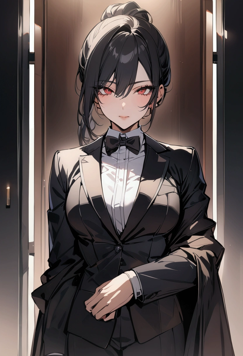 ((masterpiece)), ((best quality)), (from front:1.2), (half-body shot:1.4), 1man, adult man, solo, ponytail tied long black hair, red eyes, black cloak, looking at viewers