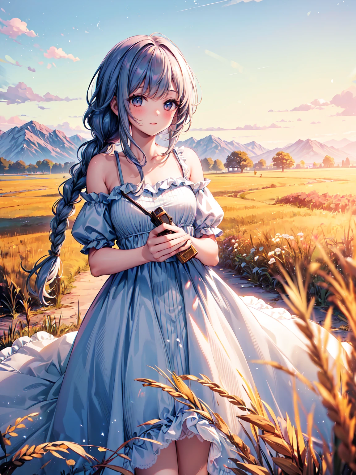 One girl, 20-year-old, Tall and attractive, Wearing a cute country dress, Braided hair, Standing on a rural farm. She's gentle, A kind smile and expressive eyes. A charming barn can be seen in the background., Golden wheat fields and clear blue skies. The composition should be bathed in warm golden hour light., The soft depth of field and soft bokeh accentuate the idyllic tranquility.. Capture images that look like they were shot on vintage 35mm film for added impact, movie,