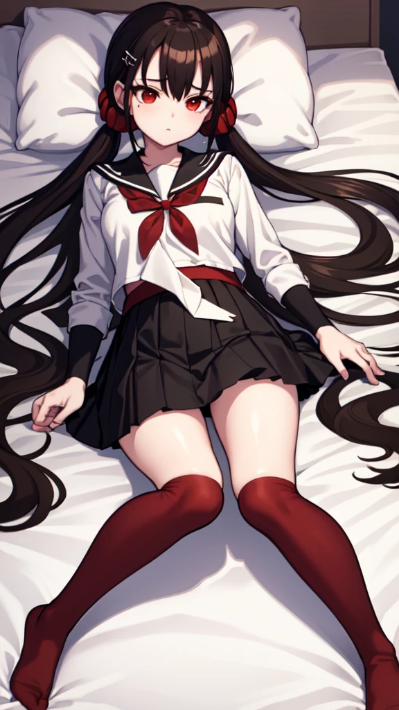 masterpiece, Highest quality, Ultra high definition, Spring Roll, Red eyes, Brown Hair, Low twin tails, Red scrunchie, Mole under the eye, Hair Clip, White ribbon, Red Seraph, Black sailor collar,  Black Skirt, Pleated skirt, Rolled up my sleeves, （Red knee socks,）  Sleeping on your back, bed、Accentuate your thighs、Red over-the-knee socks、Cowboy Shot、