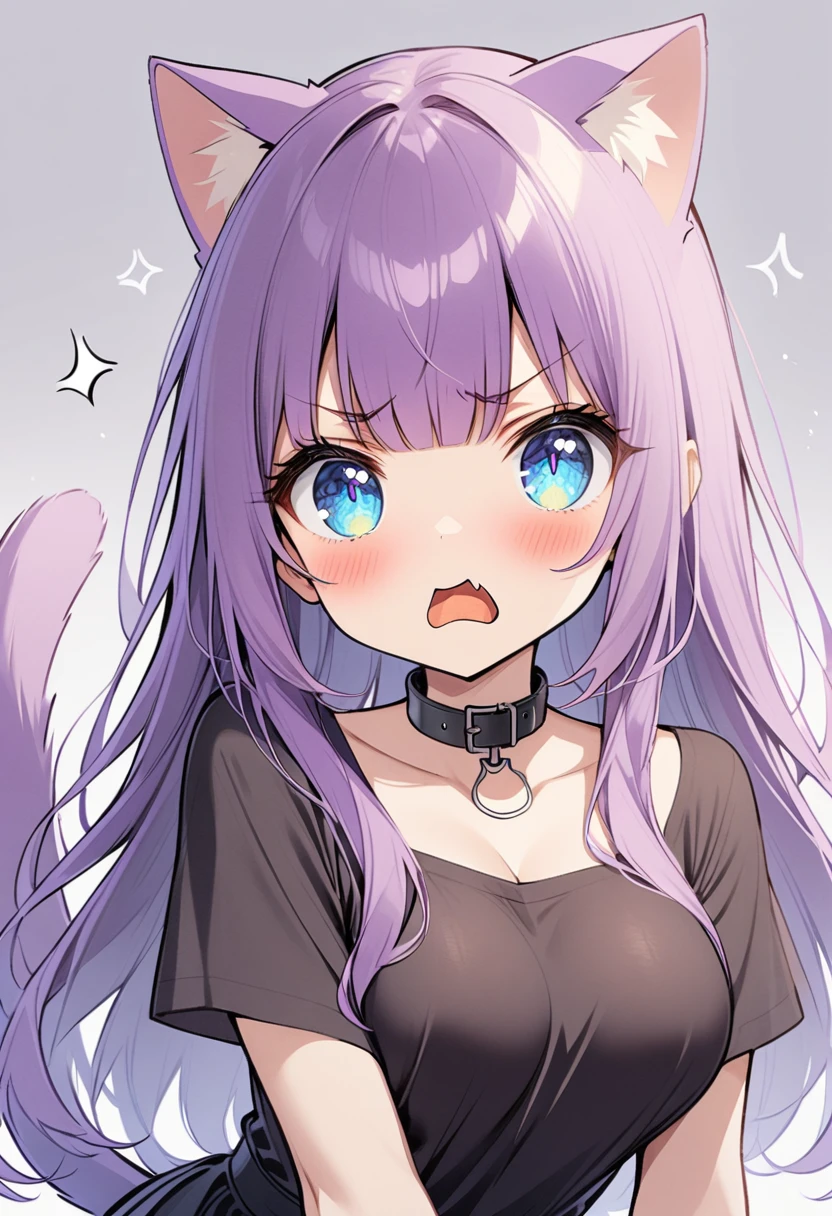1girl, Blue eyes, Long Hair, Bangs, Purple Hair, Breasts, angry, black collar, cat ears, purple cat tailc, black clothes