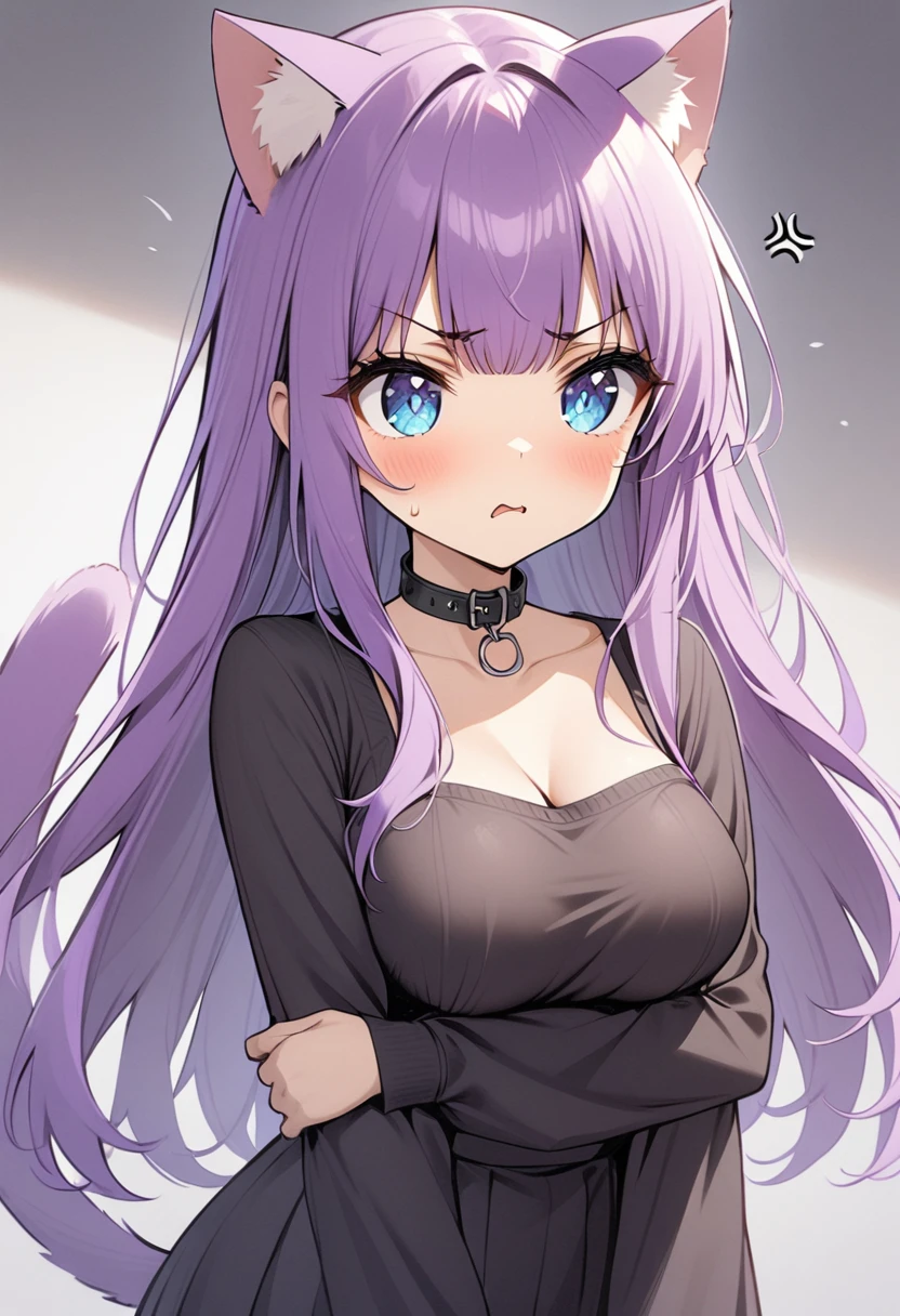 1girl, Blue eyes, Long Hair, Bangs, Purple Hair, Breasts, angry, black collar, cat ears, purple cat tailc, black clothes