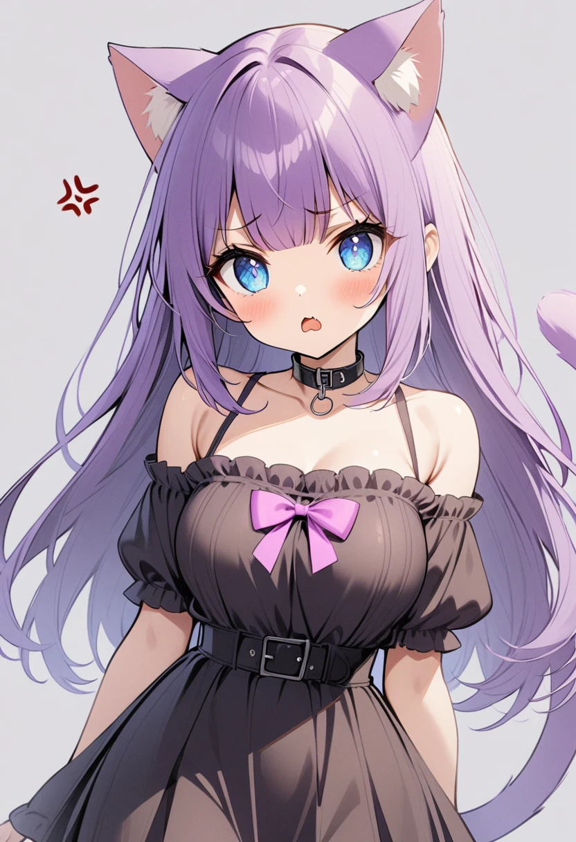 1girl, Blue eyes, Long Hair, Bangs, Purple Hair, Breasts, angry, black collar, cat ears, purple cat tailc, black clothes