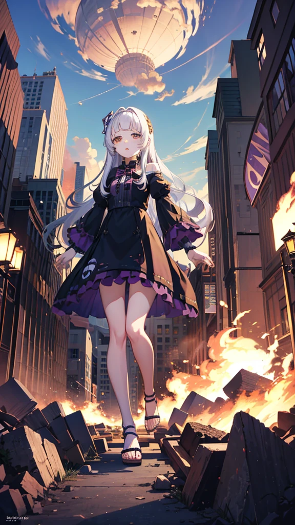 GTS, Giant, frown a little, Looking down, heaven,Murasaki Shion,Shion Murasaki, blocking the sun, Sandals, Trampling, destruction, collapsing buildings