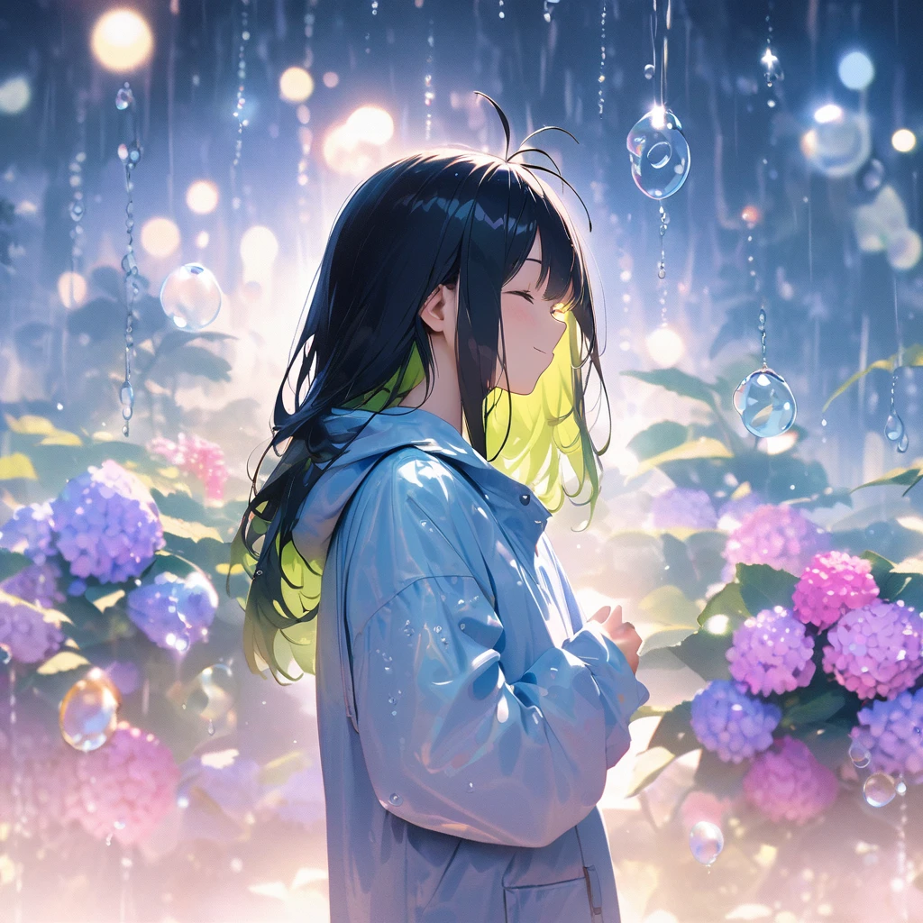 (masterpiece, photo_real, octane-render):1.4, (blue_theme, background rain scene, Tokyo_station), ice_photography, double exposure prism), (sharp sketch,watercolor painting,aesthetic art, pale tone):1.2, portrait of a girl's ennui face, SIGMA 24 mm F/1.4 ice camera photography, double exposure prism, Strobe ripple effect blur, BREAK, 1 girl, right front leg Cat_punch:1.21, (detailed green eyes, jet-black hair,colored inner green ombre hair multicolored hair,antenna hair):1.21, pompous pose:1.33, (ennui, smile, emphasis of facial expressions), in rain coat, 1girl, looking up, put the hands up, black_hair, closed_eyes, serene_smile, long_hair, (hydrangea silhouette in Water droplets), bokeh, kaleidoscope, bubbles, rain, shadow, serene, peaceful, lyrics, song, theme: dreams, theme: illusions, (desaturated colors:1.2),
in the style of watercolor painting with simple lines, flat colors, hold Fluorite Water droplets, minimalist,
The image features a single black-haired girl. She has long hair and is closing her eyes with a serene smile. Surrounding her are dreamlike elements like hydrangeas, bokeh lights resembling bubbles, kaleidoscope patterns bubbles, rain, and shadows. The overall atmosphere is peaceful and serene with slightly desaturated colors, reflecting the song's message of finding peace by ignoring others' judgments and living at your own pace. subjective_perspective, light-shadow_symmetry, ethereal_lighting, shadows, ray_tracing, (bokeh, round_bokeh, back_lighting):1.21,